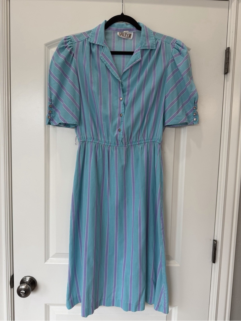 Vintage Sally III Striped Shirt Dress Turquoise Purple Puff Sleeve 80s